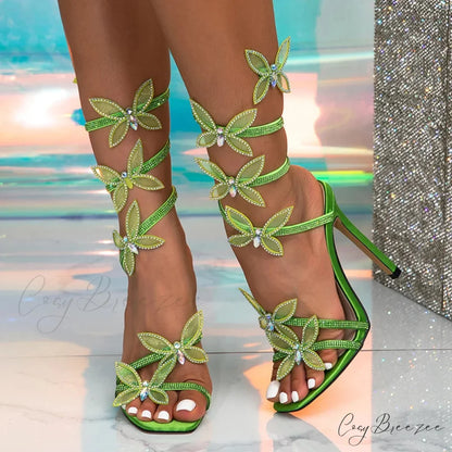 CrystalFashion Elegant Green Square-Toe Wedding Banquet Sexy Butterfly Ankle-Strap Sandals High Heel Green / 36