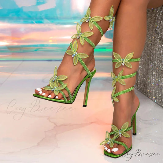 CrystalFashion Elegant Green Square-Toe Wedding Banquet Sexy Butterfly Ankle-Strap Sandals High Heel