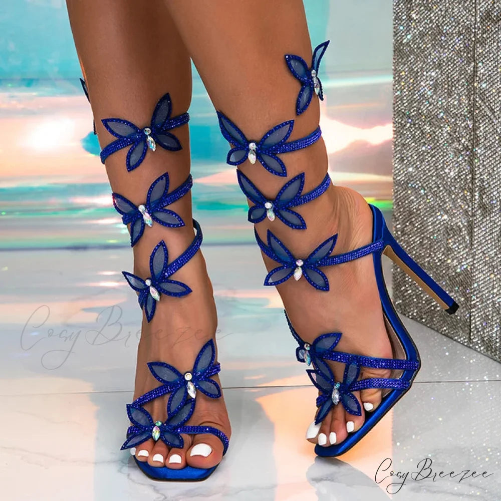 CrystalFashion Elegant Green Square-Toe Wedding Banquet Sexy Butterfly Ankle-Strap Sandals High Heel Blue / 36