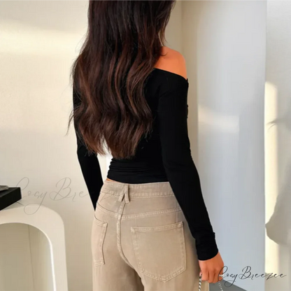 Custom Design Casual Boat Neck Off Shoulder Slim Crop Knit Top knittop-250126