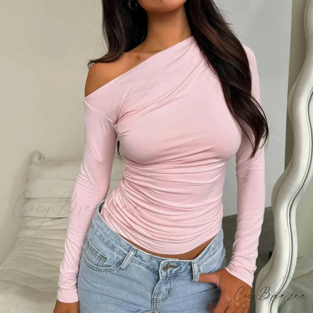 Custom Design Casual Boat Neck Off Shoulder Slim Crop Knit Top Pink / S knittop-250126