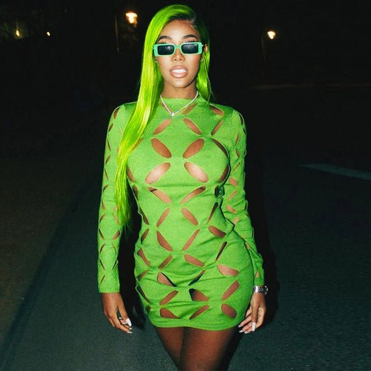 Cut Out Crew Neck Long Sleeve Sophisticated Bodycon Party Mini Dress - Black S / Green