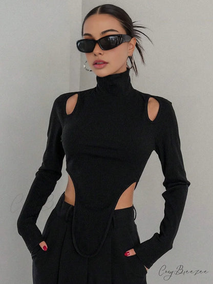 Cut Out High Trendy Neck Asymmetric Hem Top Black / XS