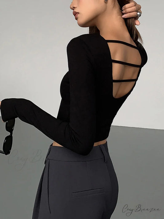 Cut Out Open Back Modern Long Sleeve Crop Top Black / XS