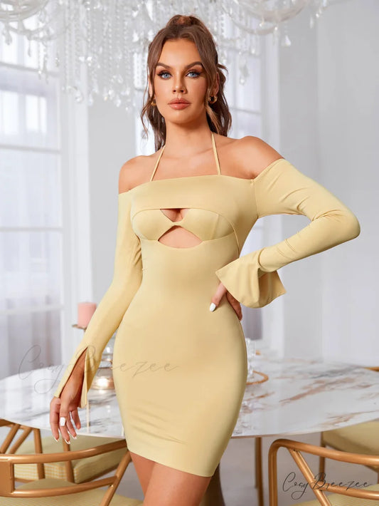 Cut Out Tie Trendy Backless Halter Bodycon Dress Beige / XS