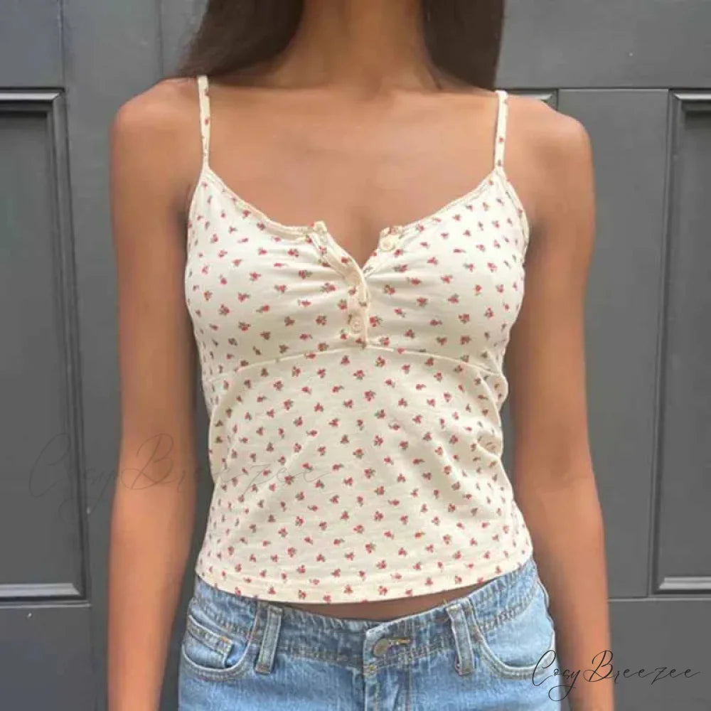 Cute Floral Print Button-Up O Neck Crop Top Beige / S croptop-250126