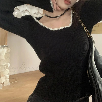 Cute O Neck Long Sleeve Slim Fit Knitted Crop Top knittop-250126
