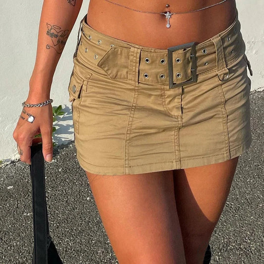 Cute Ribbon Waist Denim Skirt Khaki / S skirts-250223