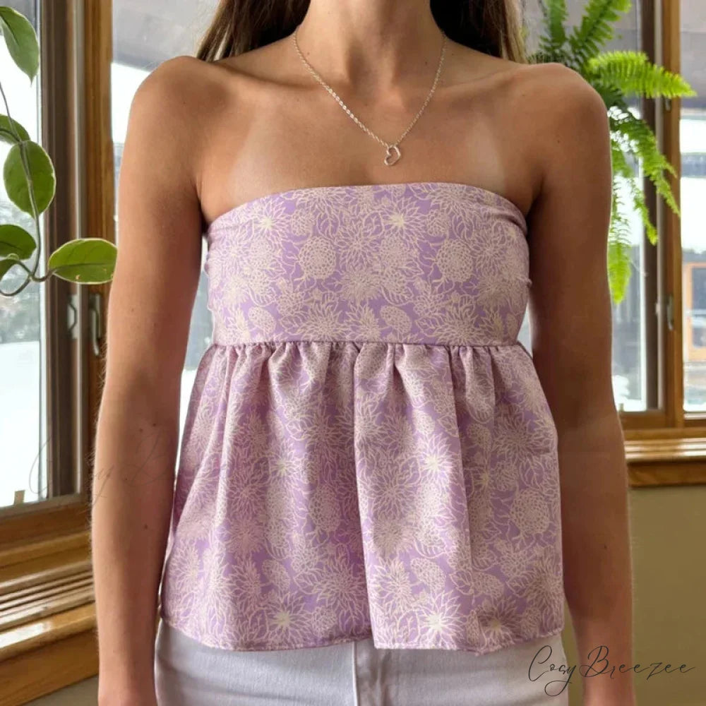 Cute Summer Floral Strapless Bandeau 00s Backless Tie Up Bodydoll Y2K Crop Top croptop-250126