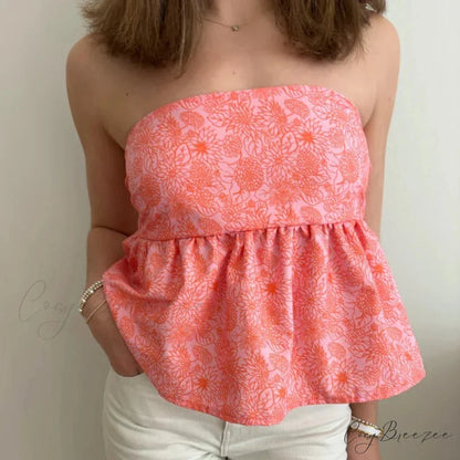 Cute Summer Floral Strapless Bandeau 00s Backless Tie Up Bodydoll Y2K Crop Top PINK1 / S croptop-250126