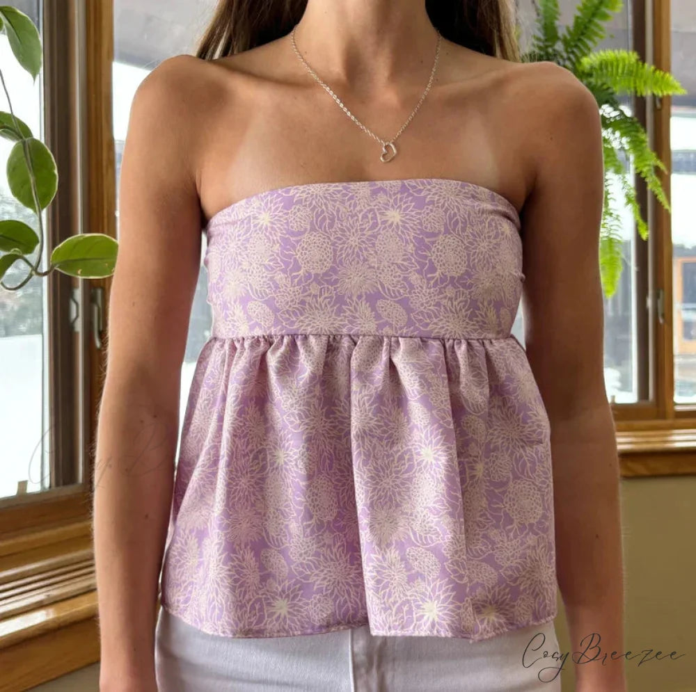 Cute Summer Floral Strapless Bandeau 00s Backless Tie Up Bodydoll Y2K Crop Top PINK2 / S croptop-250126
