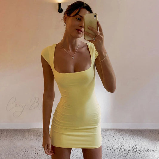 Cutout Back Short Sleeve Square Classic Neck Bodycon Mini Dress - Black S / Yellow