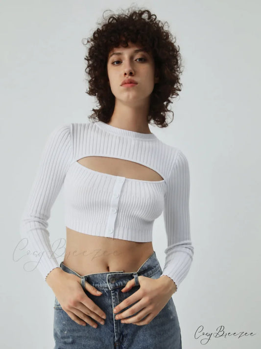 Cutout Button Up Long Modern Sleeve Crop Knit Top White / S