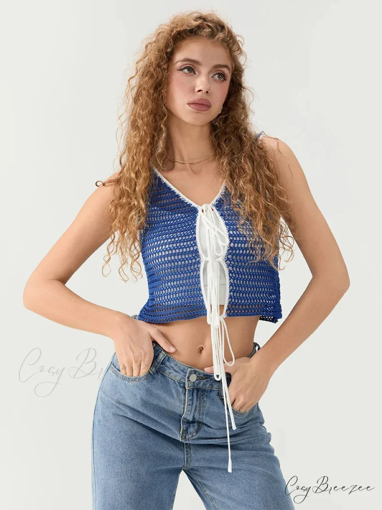 Cutout Crochet Tie-Front Sleeveless Knit V-neck Crop Top croptop-250126
