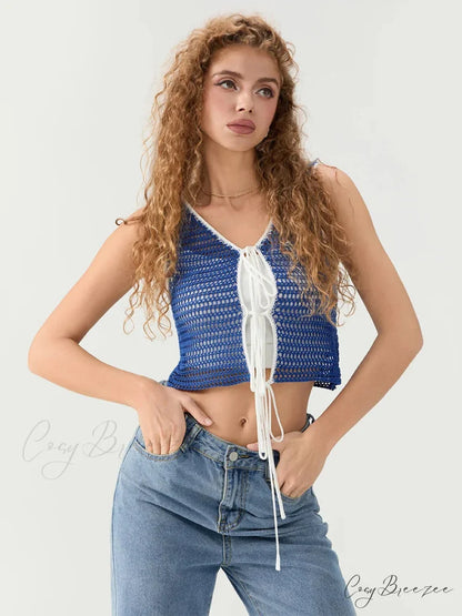 Cutout Crochet Tie-Front Sleeveless Knit V-neck Crop Top croptop-250126