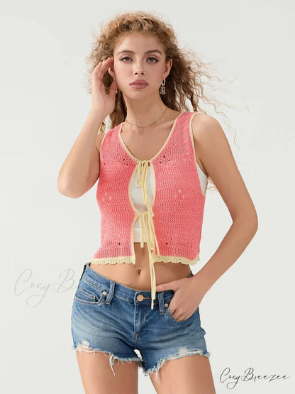 Cutout Crochet Tie-Front Sleeveless Knit V-neck Crop Top croptop-250126