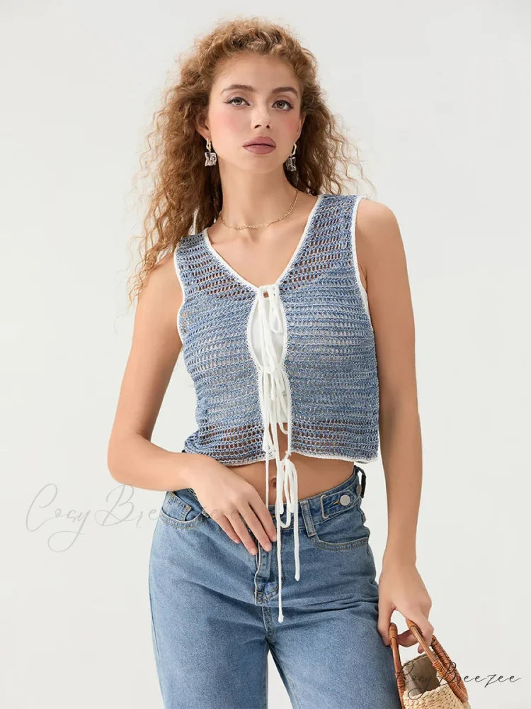 Cutout Crochet Tie-Front Sleeveless Knit V-neck Crop Top GRAY / S croptop-250126