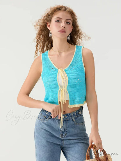 Cutout Crochet Tie-Front Sleeveless Knit V-neck Crop Top SKY BLUE / S croptop-250126