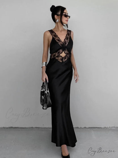 Cutout Lace Trim Trendy Stain Long Dress