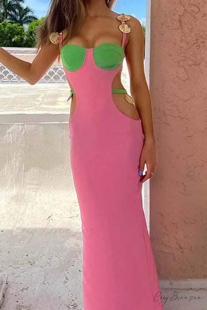 Cutout Slit Back Cami Dress with Contrast Detail Pink / S