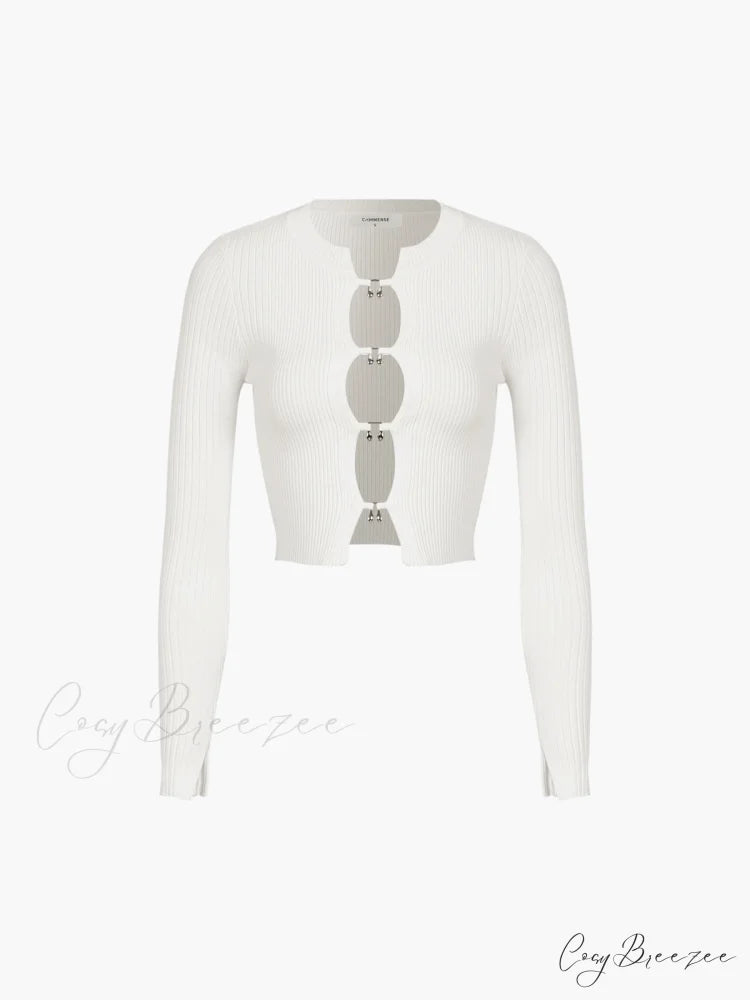 Cutout Split Beads Trendy Detail Ribbed Knit Top
