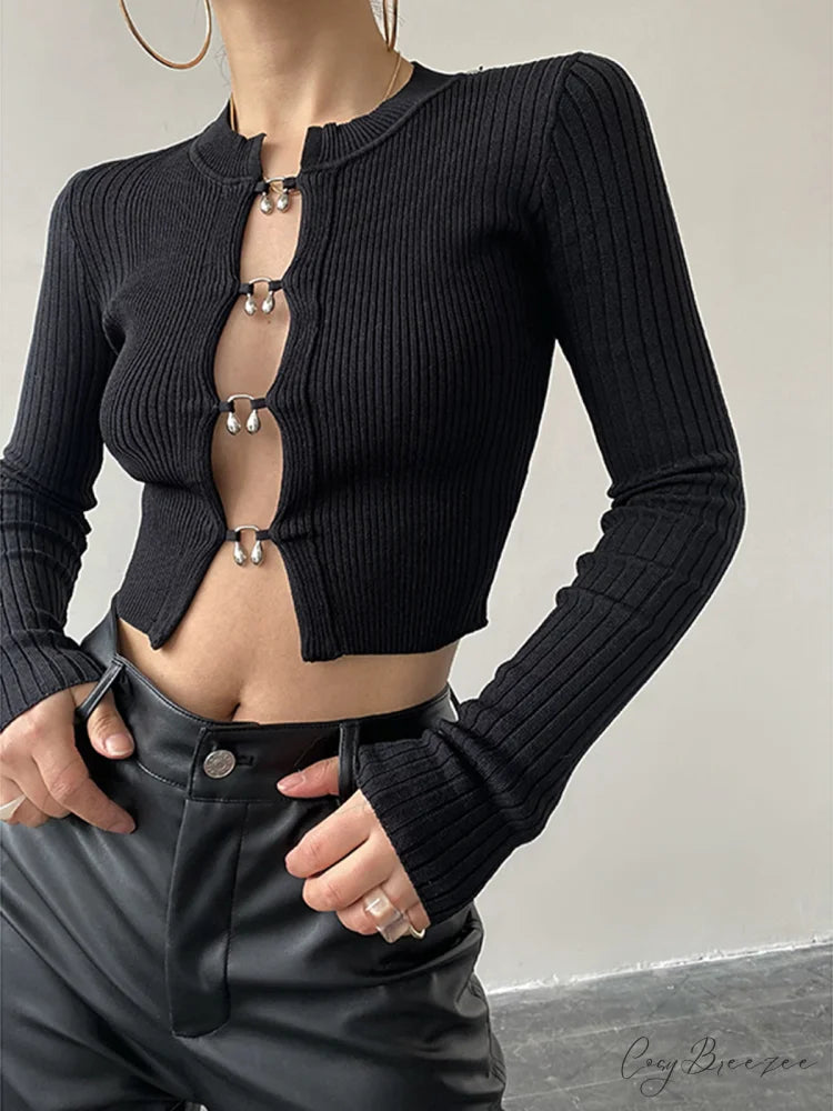 Cutout Split Beads Trendy Detail Ribbed Knit Top Black / XS
