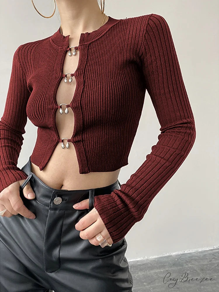 Cutout Split Beads Trendy Detail Ribbed Knit Top Burgundy / XS