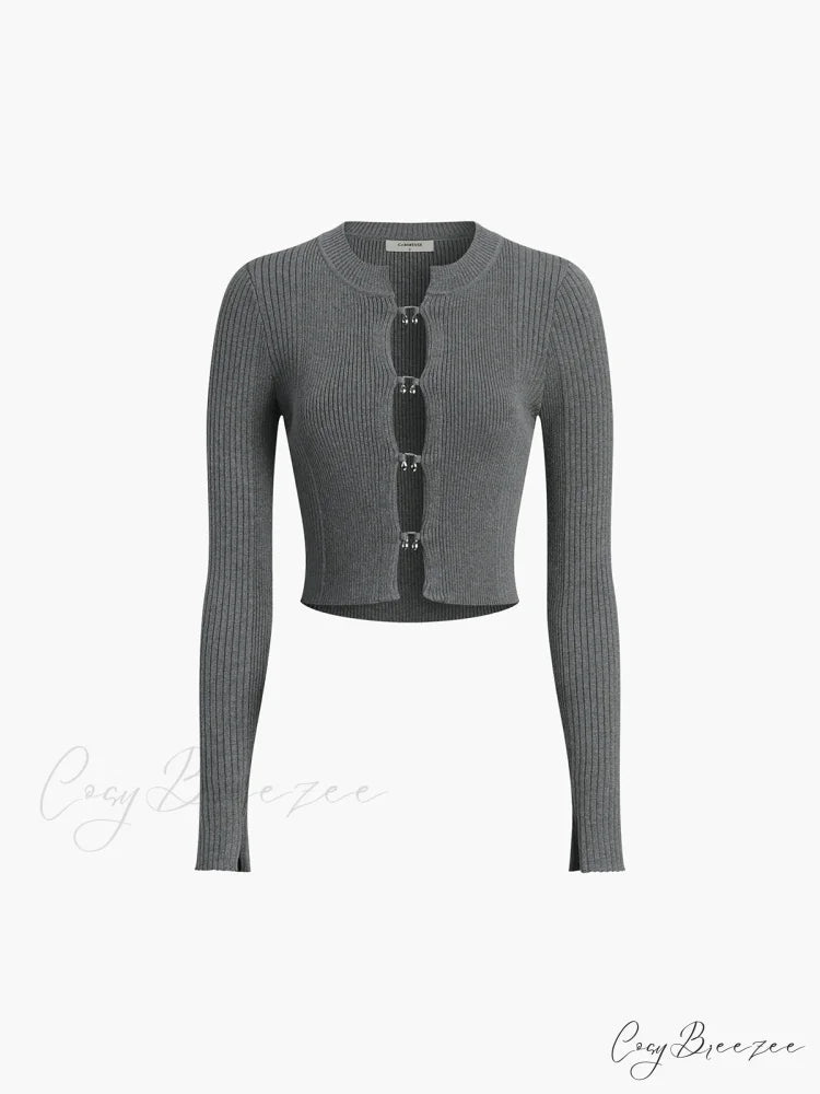 Cutout Split Beads Trendy Detail Ribbed Knit Top Grey / XS