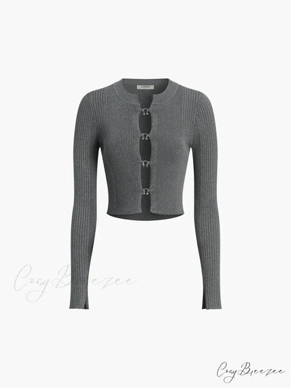 Cutout Split Beads Trendy Detail Ribbed Knit Top Grey / XS