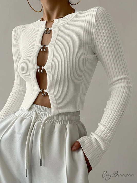 Cutout Split Beads Trendy Detail Ribbed Knit Top White / XS