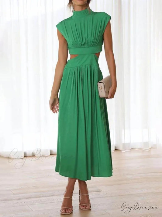 Cutout Waist Pocketed Charming Vacation Midi Dress Green / S