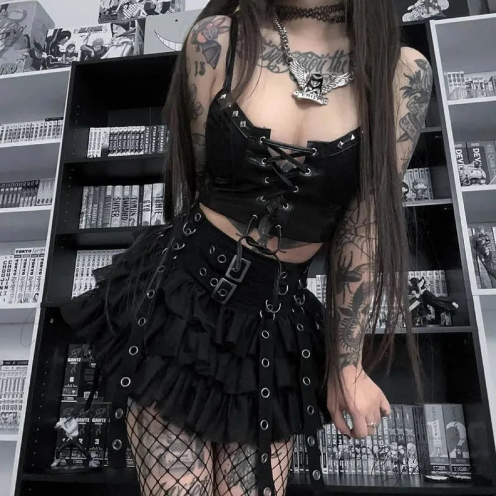 Cyber Gothic PU Leather Lace-up Y2K Emo Grunge Crop Top Black / S