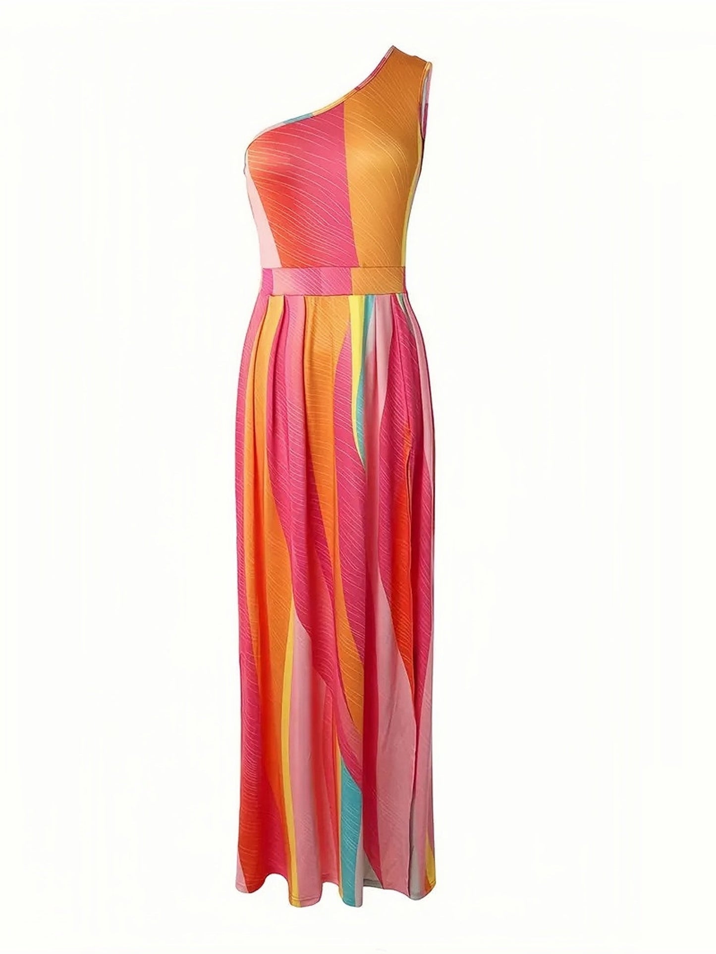 Rainbow High Slit Maxi Dress with One Shoulder