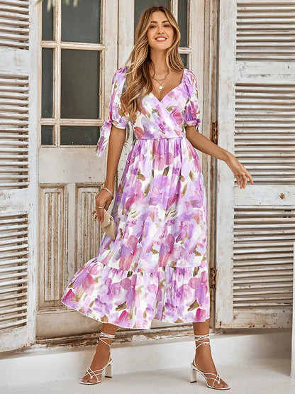 Purple Print Waist Puff Sleeve V-neck Maxi Dress