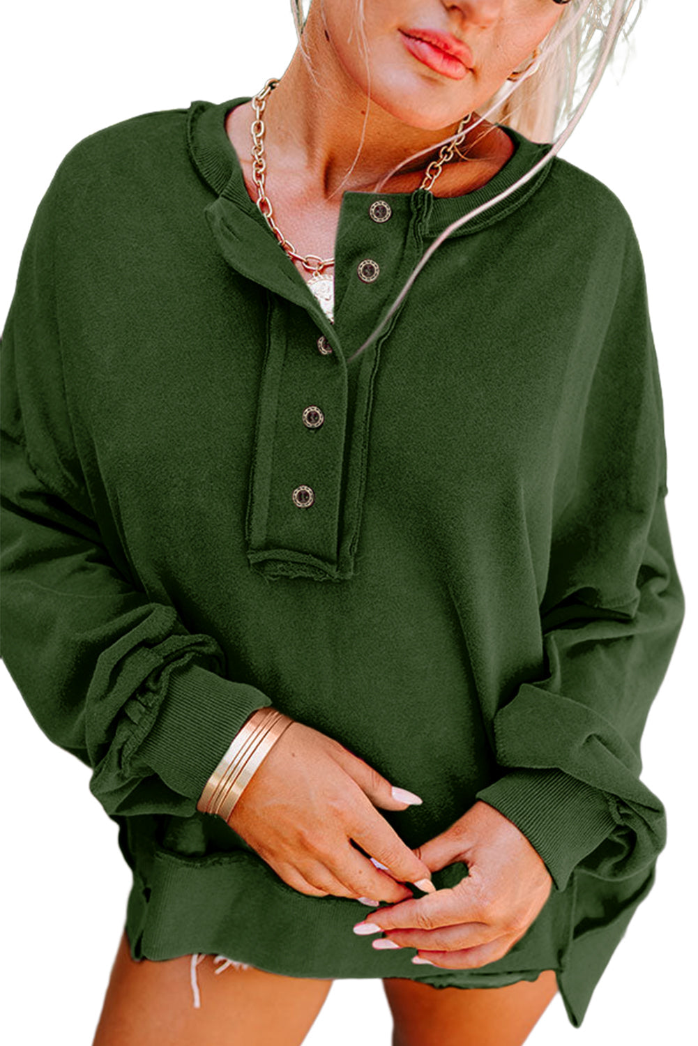 Sweatshirt Blackish Drop - Shoulder Henley Buttons Green