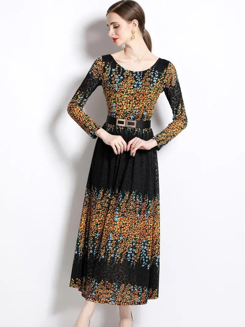 Star Print Midi Winter Dress With Belt