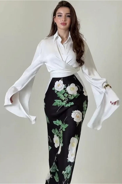 Vintage Satin Blouse with Fitted Skirt Two Piece Set