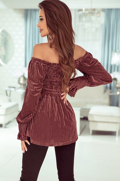 Sleeves Arm The with Top Lantern Detail Peplum for Off Smocked Velvet Long and Shoulder Women