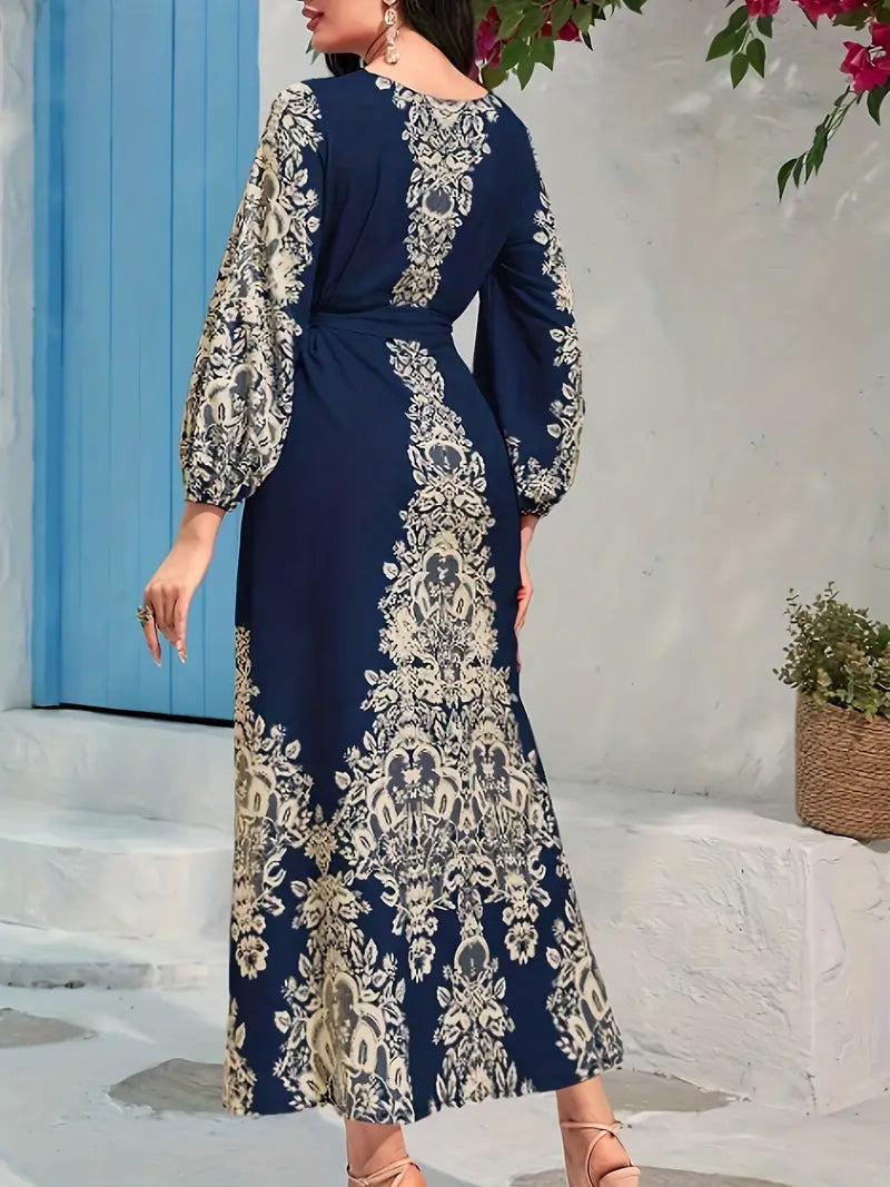 Arm Design Kaftan Lantern Full-Length Tie Waist Graphic Dress