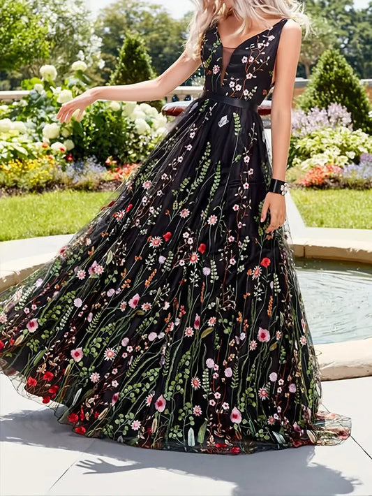 V Neck Full-Length Mesh Embroidered Flowered A-Line Dress