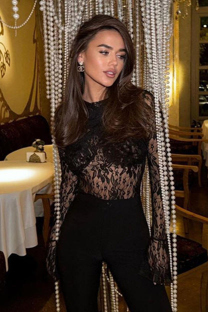 Cross V-Neck Lace Bodysuit Knit Top