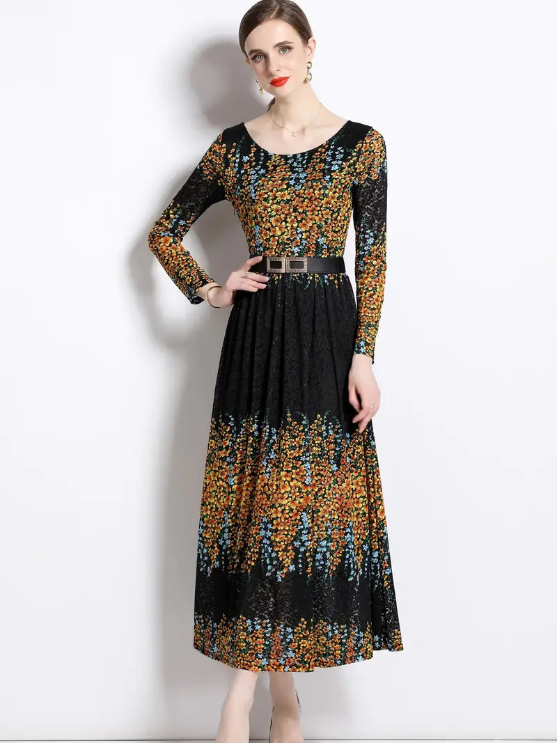 Star Print Midi Winter Dress With Belt