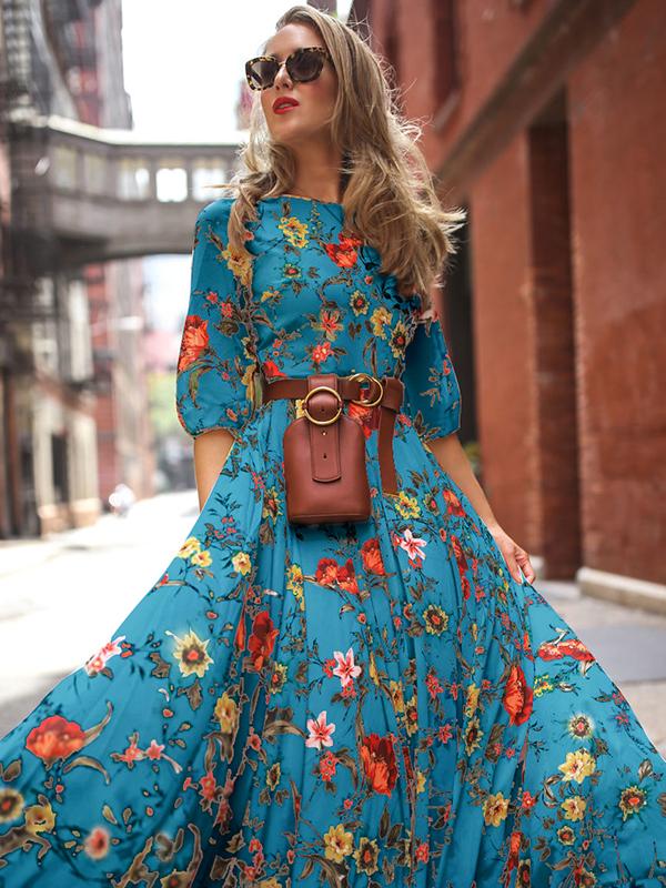 Bohemia Maxi Dress with Floral Round Neck and Half Sleeves