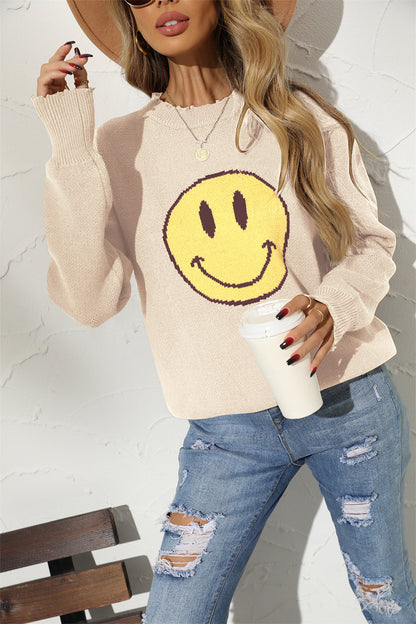 Smily Graphic Round Arm Face Long Neck Sweater