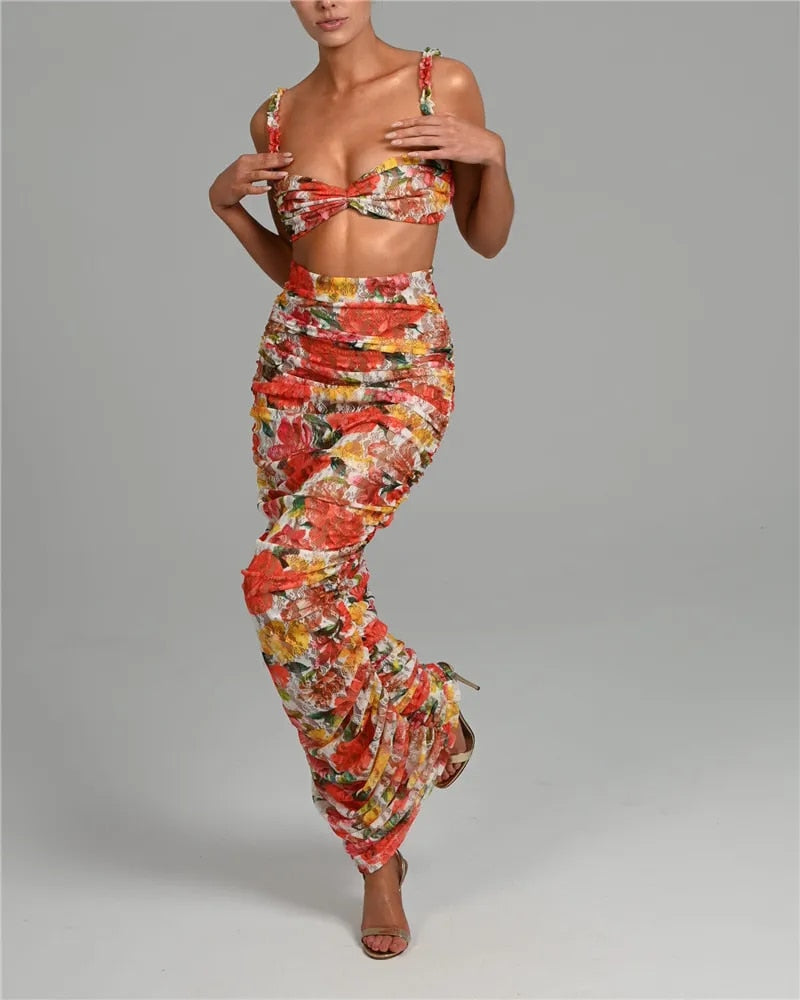 Alyssa Strapless Ruched Print Sexy Top And Skirt Set