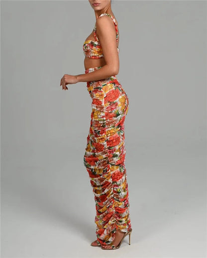 Alyssa Strapless Ruched Print Sexy Top And Skirt Set