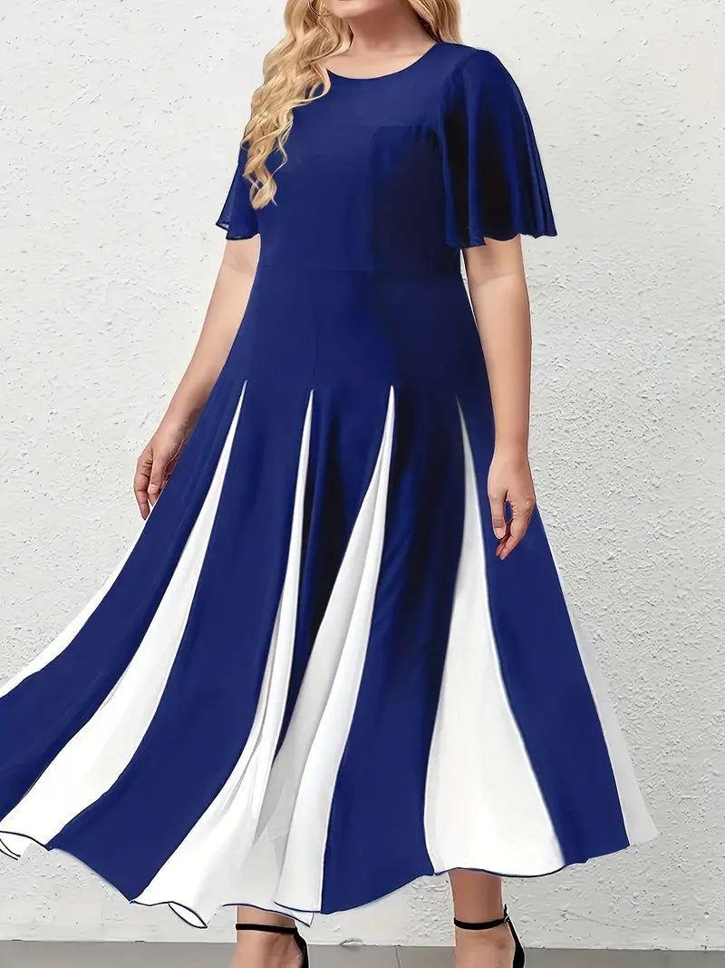 Blue A-line Dress with Flutter Sleeves and Round Neck Contrast Color