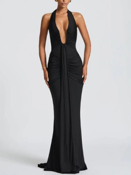 Solid Color Halter Neck V-Neck Backless Fishtail Party Dress