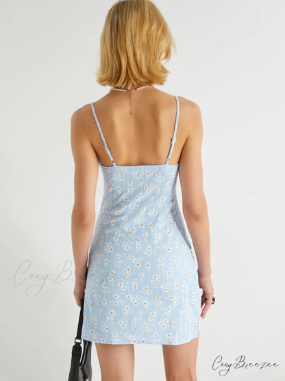 Dainty Ruched 3D Flower Cutout Split Sophisticated Trim Sleeveless Bodycon Mini Dress - Blue