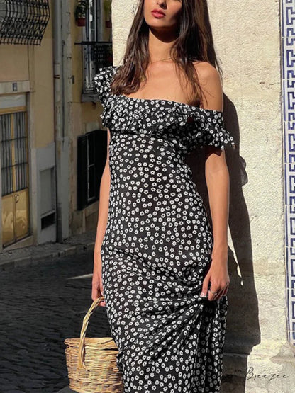Daisy Floral Graceful Print Long Dress Black / XS